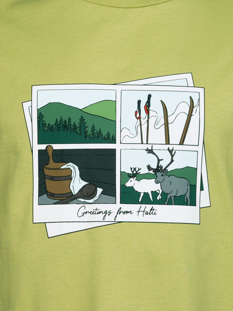 Vier illustrierte Postkarten zeigen Berge, Skiausrüstung und Rentiere - passend zum Halti Matka II T-Shirt Herren.