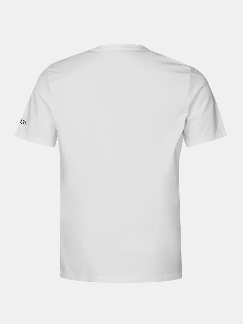 Das Halti Matka II T-Shirt Herren in schlichtem Weiß, von hinten gesehen, hat ein kleines Logo auf dem linken Ärmel.