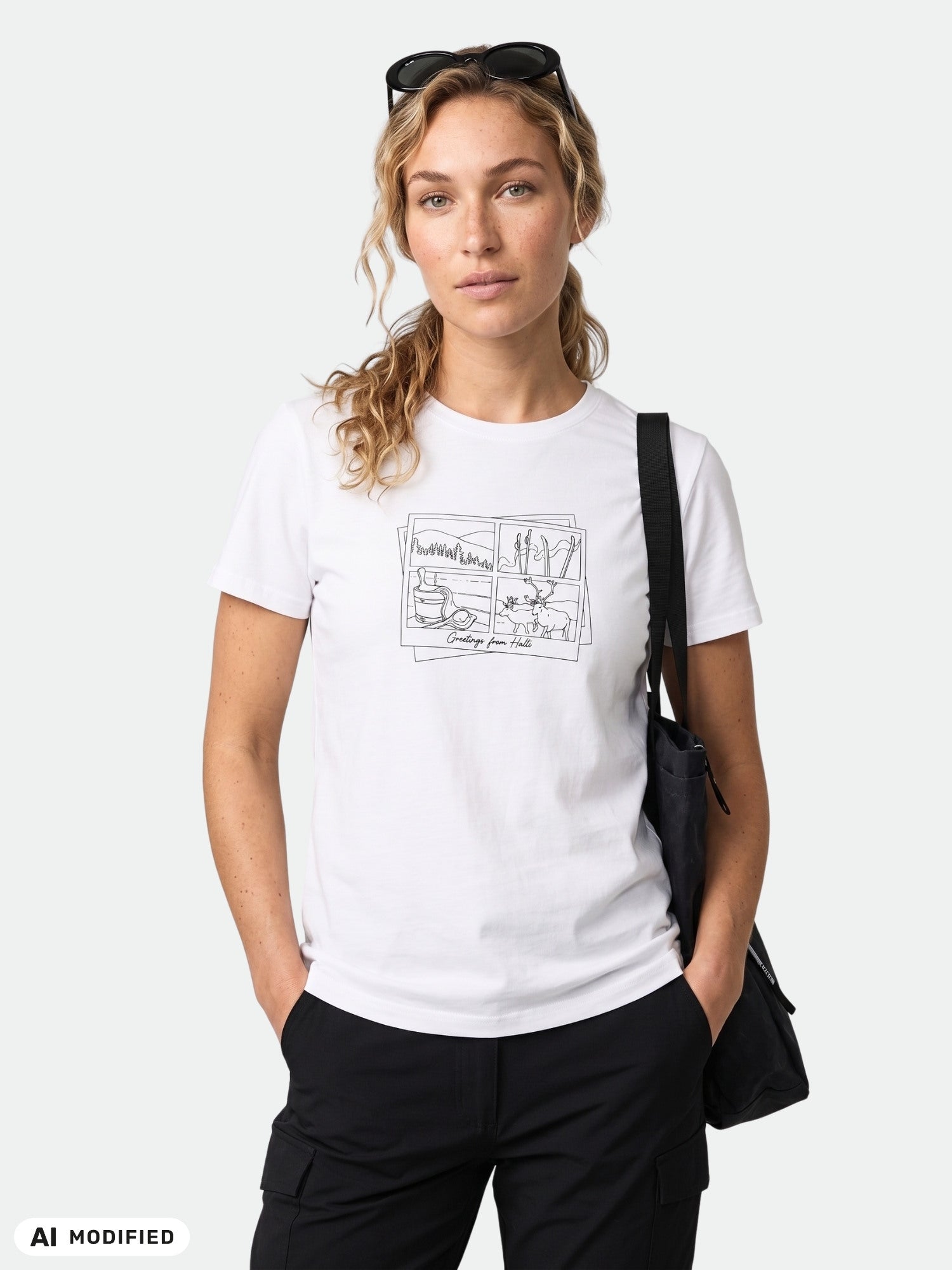 Eine Frau in einem „Halti Matka II“-T-Shirt für Damen und einer schwarzen Hose steht im Freien und ist bereit für Outdoor-Aktivitäten.