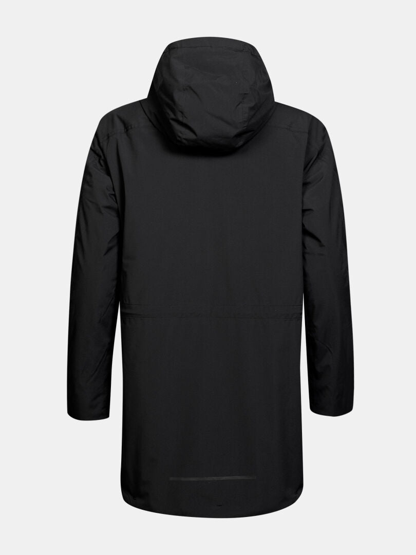 Der Halti Kortteli DX Insulated Parka für Damen in Schwarz wird von hinten vor einem schlichten weißen Hintergrund gezeigt.