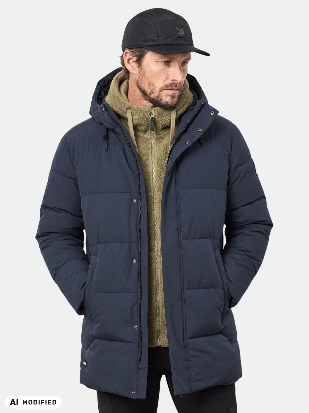 Mann in einem Halti Brahe Puffer-Parka, olivfarbenem Hoodie und schwarzer Mütze, die Hände in den Taschen; winddichter Herren-Winterlook.