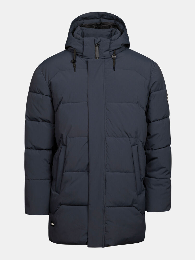 Halti Brahe Puffer-Parka für Herren, dunkelblau, mit Frontreißverschluss, doppelter Isolierung, Seitentaschen und Aufnähern an den Ärmeln.