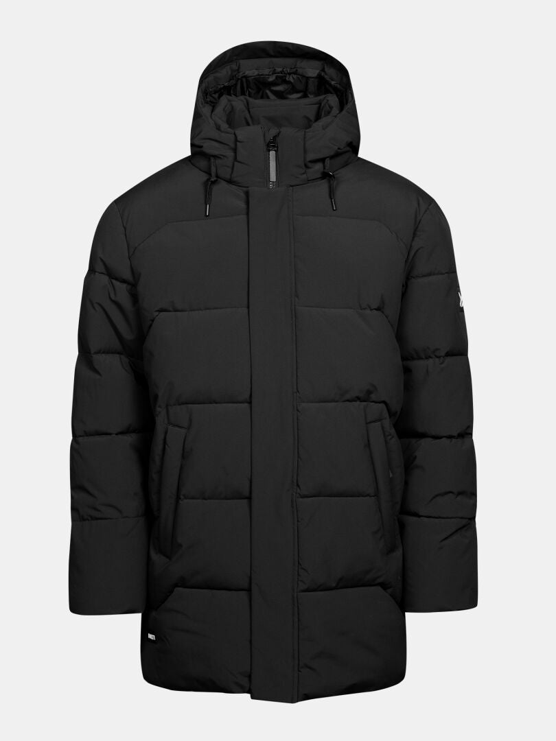Halti Brahe Puffer-Parka für Herren: schwarz, mit Kapuze, Reißverschluss vorne, horizontale Nähte, strapazierfähiges DrymaxX-Material.