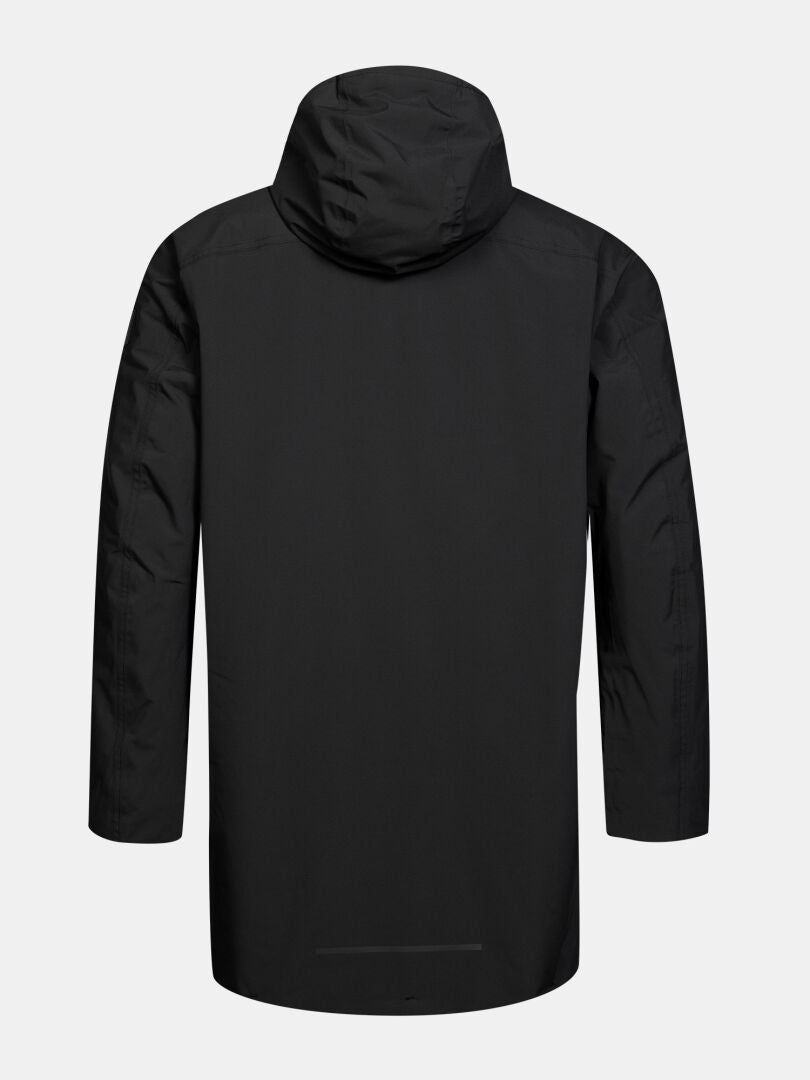 Halti Kortteli DX Insulated Parka für Herren in Schwarz, Rückansicht, lange Ärmel, keine sichtbaren Logos, abgebildet auf einfarbigem Hintergrund.