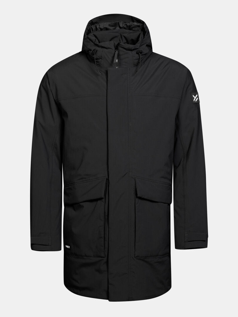 Halti Kortteli DX isolierter Parka für Herren: schwarz, mit Kapuze, Microtherm-Isolierung, Reißverschluss, Pattentaschen, Logo auf der Schulter.