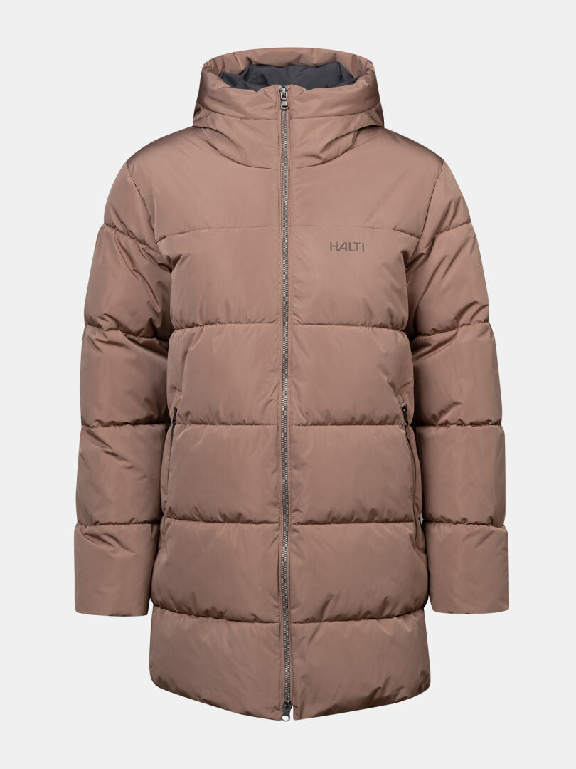 Leinikko Puffer Parka für Damen von Halti: braun, mit Kapuze, Reißverschluss vorne, Wetterschutz; abgebildet auf weißem Hintergrund.