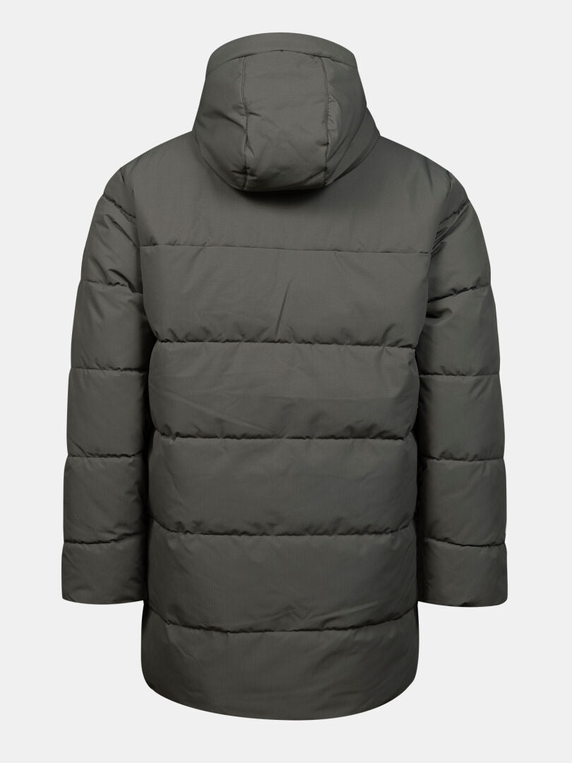 Halti Kaimoa Isolationsjacke für Herren, dunkelgraue Daunenjacke mit Kapuze, Microtherm Thermofill, hier in der Rückenansicht.