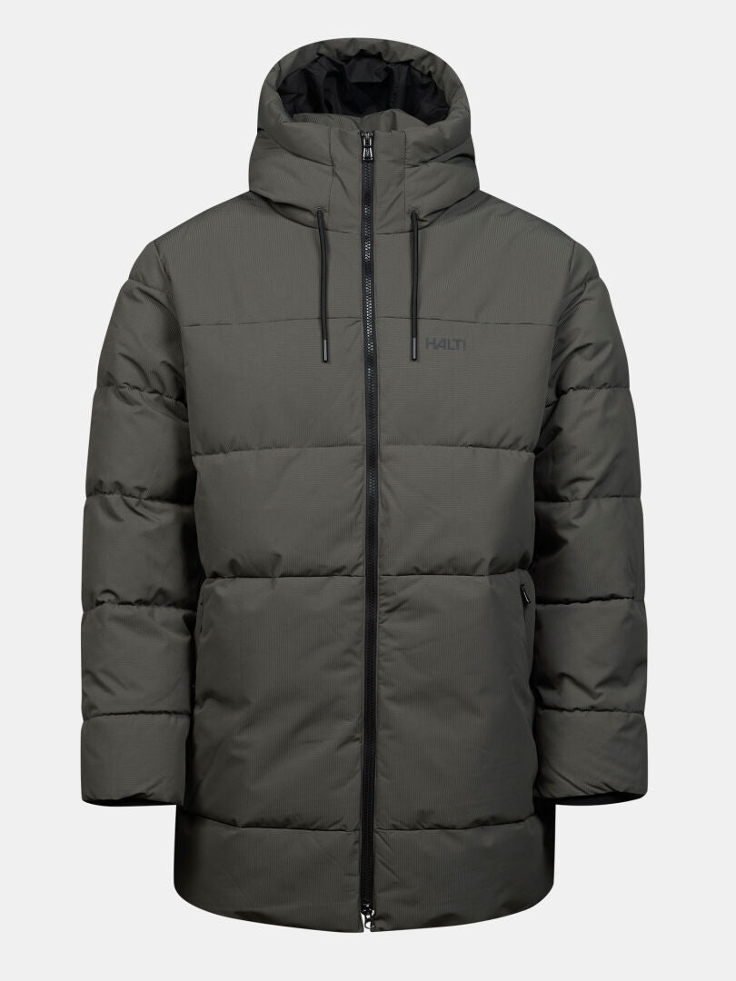 Halti Kaimoa Isolationsjacke für Herren: dunkelgrau, mit Kapuze, Reißverschluss vorne, Seitentaschen – wasserdichte Winterjacke.