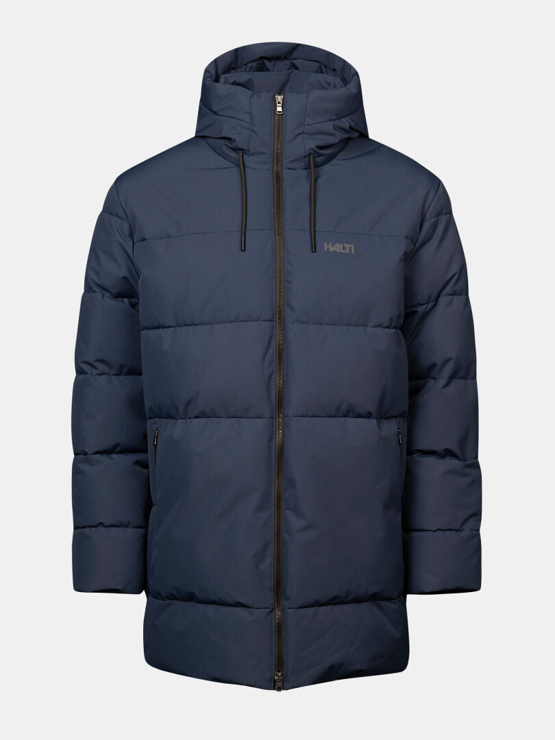 Halti Kaimoa Isolationsjacke für Herren in Marineblau, wasserdicht, mit Kapuze, Frontreißverschluss und zwei Reißverschlusstaschen.