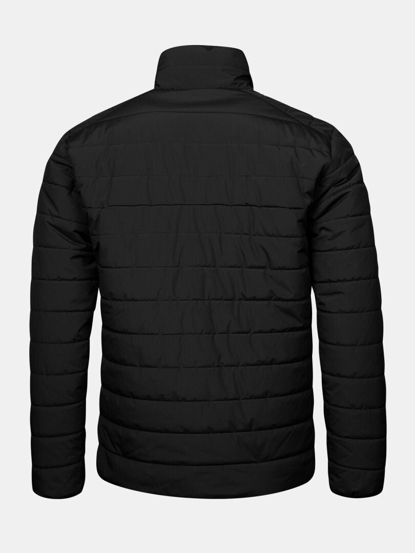 Halti Rehia – Gepolsterte Herrenjacke, schwarz, wattiert und winddicht, Rückansicht vor grauem Hintergrund.