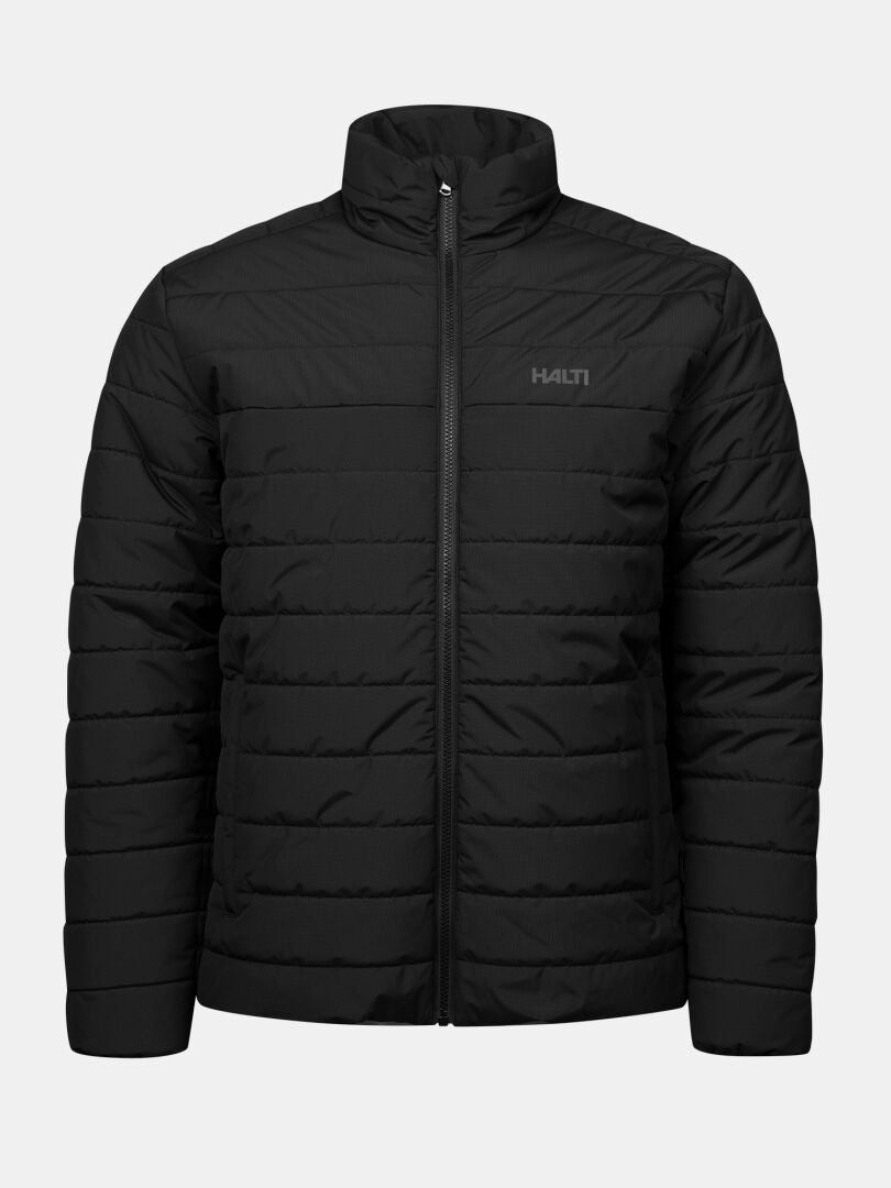 Halti Rehia Gepolsterte Jacke für Herren: schwarz, gesteppt, Reißverschluss vorne, hoher Kragen, winddicht und wasserabweisend.