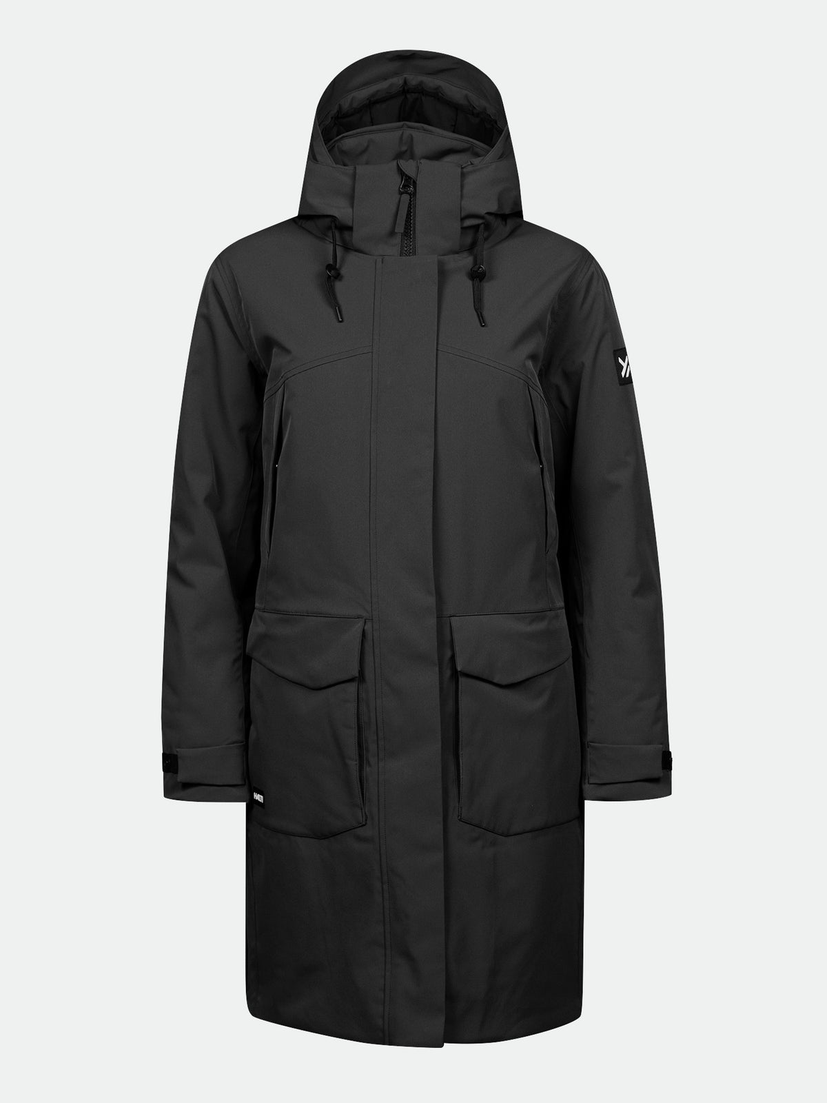 Halti Kallio DX Parka Damen: langer, schwarzer Wintermantel mit Reißverschluss, Vordertaschen, DrymaxX-Material und verstellbaren Ärmelbündchen.