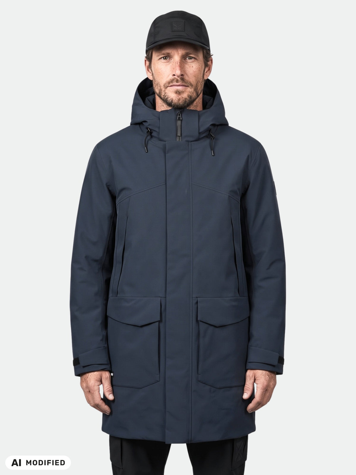 Ein Mann, der einen dunkelblauen Kallio DX Parka für Herren mit zwei großen Pattentaschen vorne und eine schwarze Baseballkappe trägt.