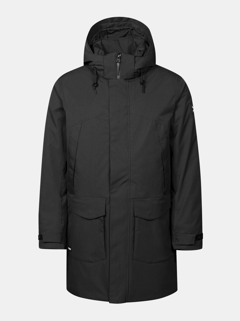Halti Kallio DX Parka für Herren: schwarz, mit Kapuze, Microtherm Arcty-Isolierung, Reißverschluss vorne, Pattentaschen, verstellbare Ärmelbündchen.