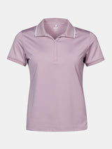 Ein hellviolettes Halti Swingi Technisches Poloshirt Damen Plus, kurzärmelig mit weißem Saum, auf weißem Grund.