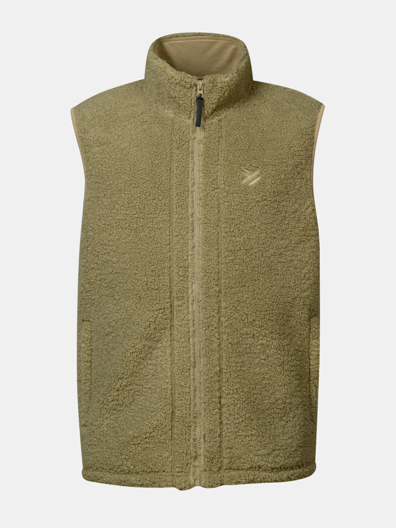 Halti Lykky Fleece-Weste Unisex in Hellbraun, ärmellos, aus recyceltem Polyester, mit Reißverschluss und Taschen, einfarbiger Hintergrund.