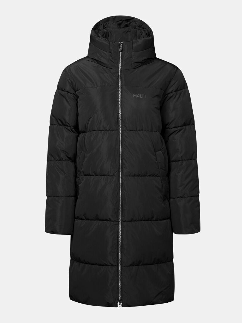 Halti Sammal II Plus – schwarzer Winterparka für Damen mit Kapuze, Reißverschluss vorne und gesteppten Details auf einfarbigem Hintergrund.