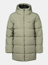 Halti Leinikko Puffer Parka Damen Plus, hellgrün, mit Kapuze, DrymaxX, Reißverschluss vorne, Logo auf der linken Brust.