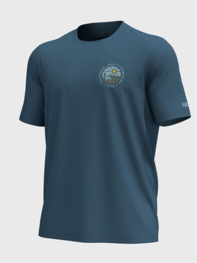 Halti Vehka Unisex-T-Shirt in Blau mit kurzen Ärmeln, kleinem rundem Logo und HALTI-Grafikdruck auf dem Ärmel.