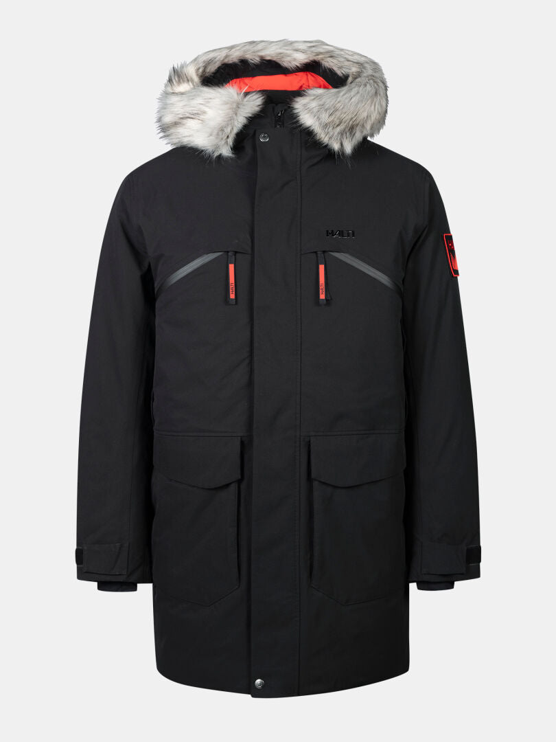 Halti 1976 Down Parka Unisex: schwarz, pelzgefütterte Kapuze, 4 Taschen, rote Akzente, recyceltes Polyester.