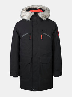 Halti 1976 Daunenparka Unisex in Schwarz, inspiriert von finnischem Design mit Kapuze aus Kunstfell, roten Reißverschlüssen und Taschen.