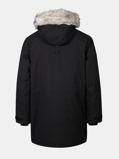 Halti 1976 Daunenparka Unisex von Halti, mit Kapuze und abnehmbarem Kunstpelzbesatz, von hinten auf hellem Grund dargestellt.