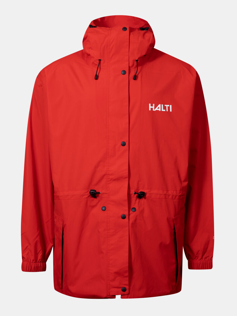 Die Halti Coach Jacke ist eine wasserdichte rote Unisex-Jacke mit schwarzen Details und einem weißen Halti-Logo auf der Brust.