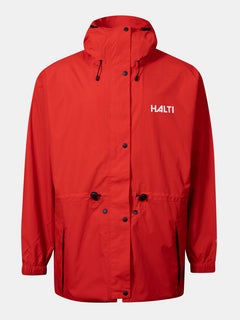 Die Halti Coach Jacke ist eine wasserdichte rote Unisex-Jacke mit schwarzen Details und einem weißen Halti-Logo auf der Brust.