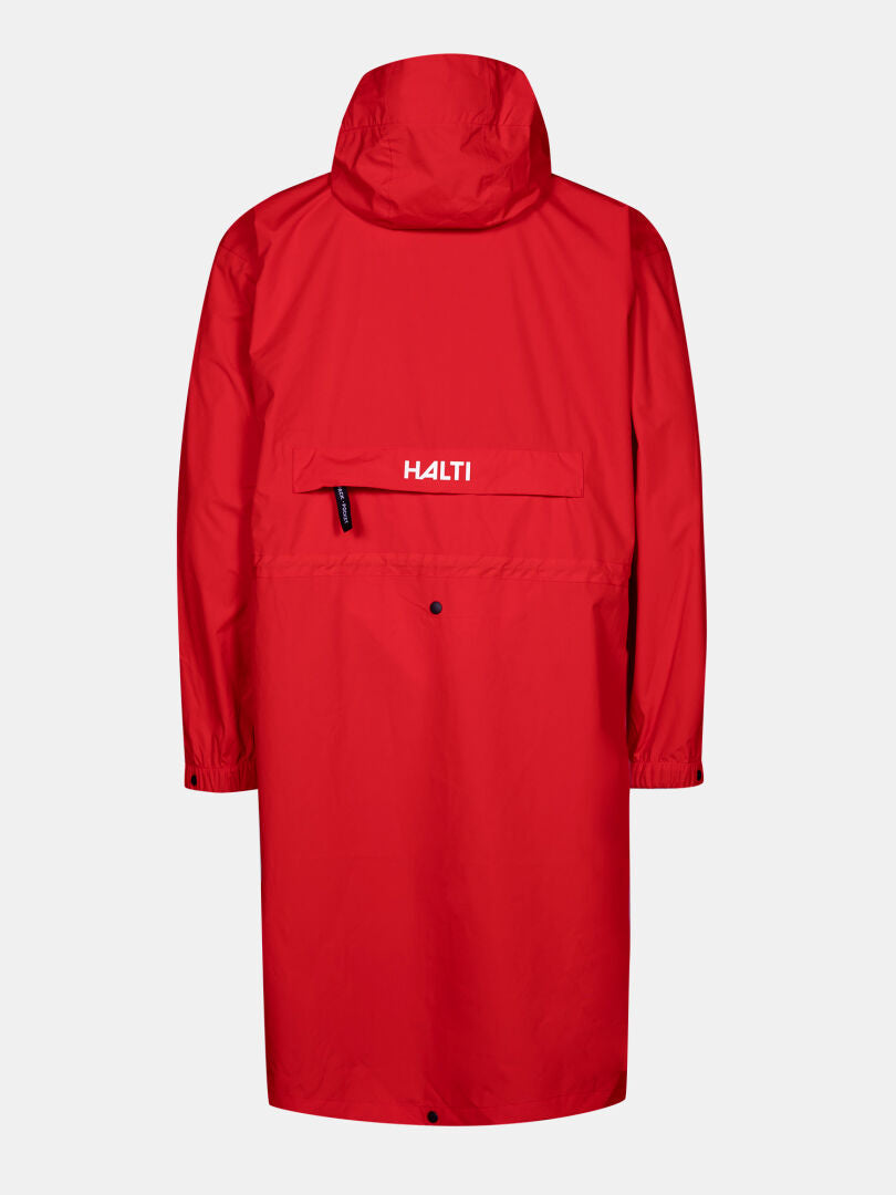 Die Halti Coach Jacke, eine rote, wasserdichte Kapuzenjacke mit dem weißen Schriftzug 
