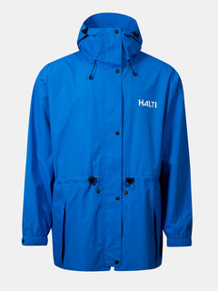 Die Halti Coach Jacke ist eine blaue wasserdichte Regenjacke mit schwarzen Knöpfen, Kordelzug und dem HALTI-Logo auf der Brust.