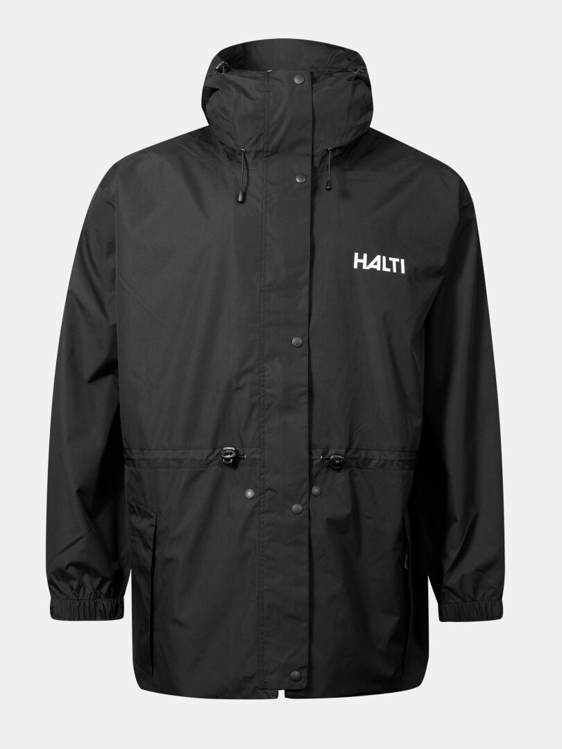 Die Halti Coach Jacke ist eine wasserdichte Unisex-Regenjacke in Schwarz mit Logo und Frontreißverschluss.