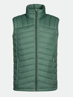 Die Halti Evolve Lite Daunenweste Herren in grün hat einen Frontreißverschluss und einen hohen Kragen, abgebildet auf einem weißen Hintergrund.