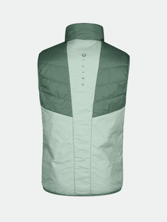 Halti Heatix Primaloft Weste Herren: ärmelloses, zweifarbiges Grün mit hohem Kragen, vertikalem Logo und leichter Steppung.