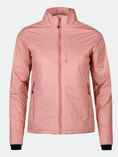 Die Halti Neon Primaloft Kunstfaserjacke Damen ist eine hellrosa Jacke mit hohem Kragen, Seitentaschen und Brustlogo.