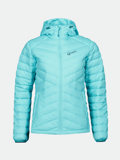 Halti Huippu Daunenjacke Damen: leichte, hellblaue Pertex Quantum Ripstop Jacke mit Kapuze und Logo auf der Brust.