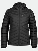 Halti Huippu Daunenjacke Damen: schwarzer Puffer mit Kapuze, Frontreißverschluss, Seitentaschen, Pertex Quantum Ripstop.