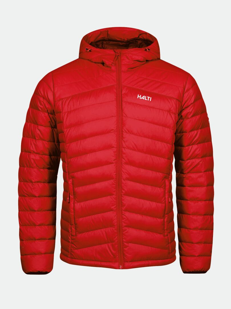 Die Halti Huippu Daunenjacke Herren in rot mit Kapuze und Frontreißverschluss ist ideal für Outdoor-Aktivitäten.