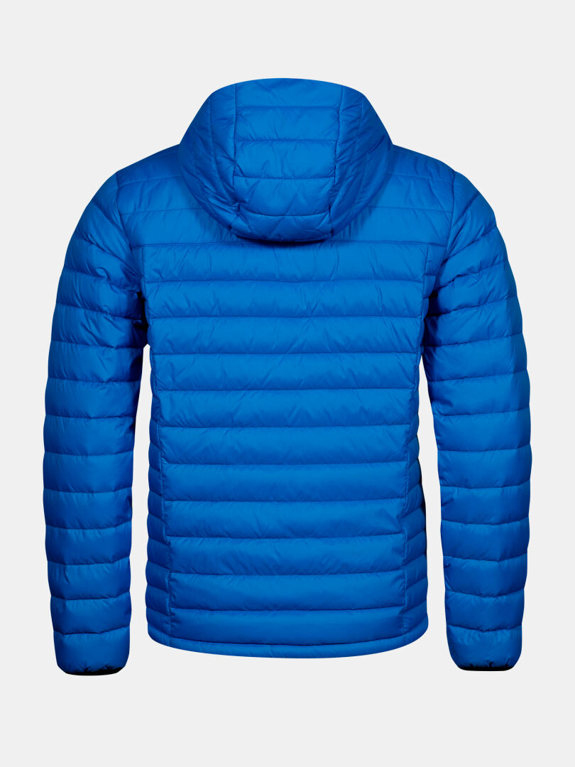 Die Halti Huippu Daunenjacke Herren in blau mit Kapuze, dargestellt von hinten auf weißem Hintergrund.