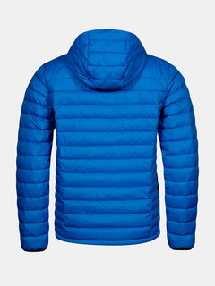 Die Halti Huippu Daunenjacke Herren in blau mit Kapuze, dargestellt von hinten auf weißem Hintergrund.
