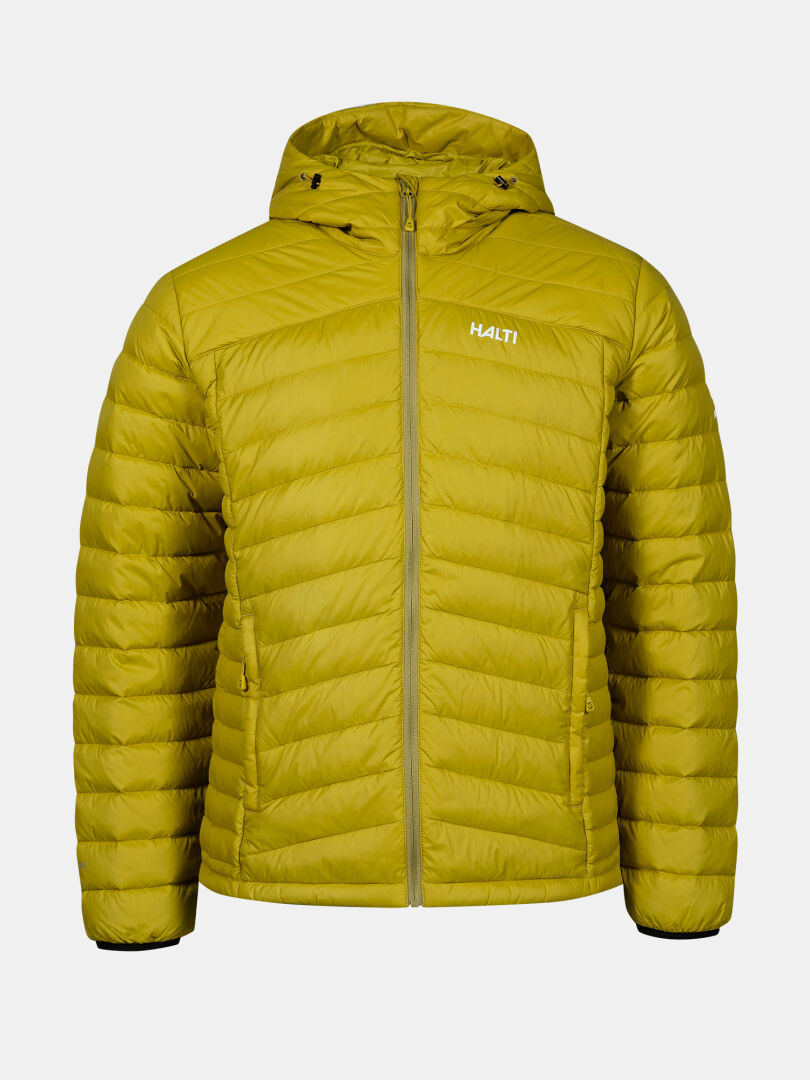 Die Halti Huippu Daunenjacke Herren ist eine gelb-grüne Kapuzenjacke mit Pertex Quantum, zwei Taschen und HAII-Logo.