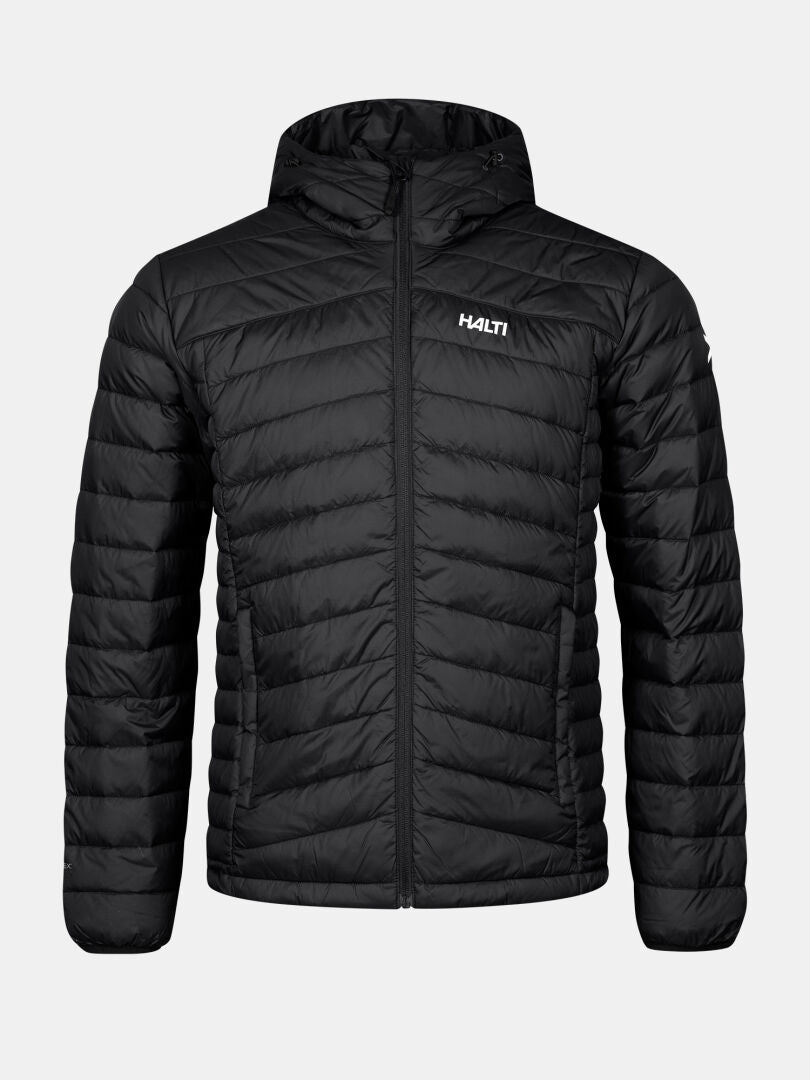 Die Halti Huippu Daunenjacke Herren ist eine schwarze Steppjacke mit Kapuze und Frontreißverschluss - perfekt für Outdoor-Aktivitäten.