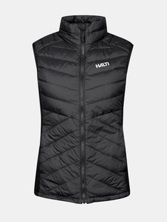 Halti Huippu Hybrid Daunenweste Damen: ärmellos, schwarz, gesteppt, Frontreißverschluss, atmungsaktiv, Logo auf der linken Brust.