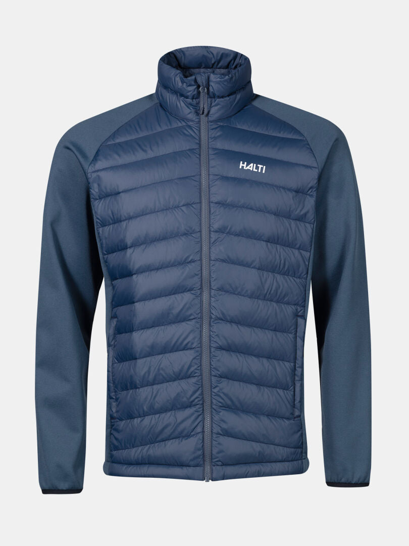 Die Halti Huippu Hybrid Daunenjacke Herren ist blau und hat eine gesteppte Front, Pertex Quantum Ripstop und ein Brustlogo.