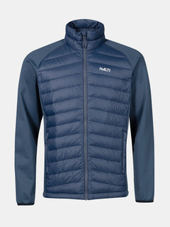 Die Halti Huippu Hybrid Daunenjacke Herren ist blau und hat eine gesteppte Front, Pertex Quantum Ripstop und ein Brustlogo.