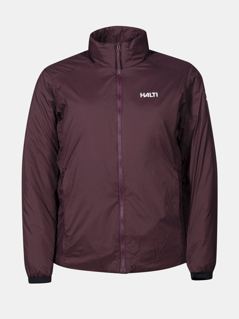 Die Haave Insulation PrimaLoft Jacke Damen von Halti ist kastanienbraun, langärmelig, mit hohem Kragen und Logo auf der Brust.
