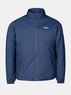 Die Halti Haave Insulation Primaloft Jacke Herren, blau mit hohem Kragen und Logo, abgebildet auf einfarbigem Hintergrund.