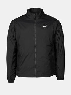 Die Halti Haave Insulation Primaloft Jacke Herren, schwarz mit hohem Kragen und Logo, ist ideal für Outdoor-Aktivitäten.