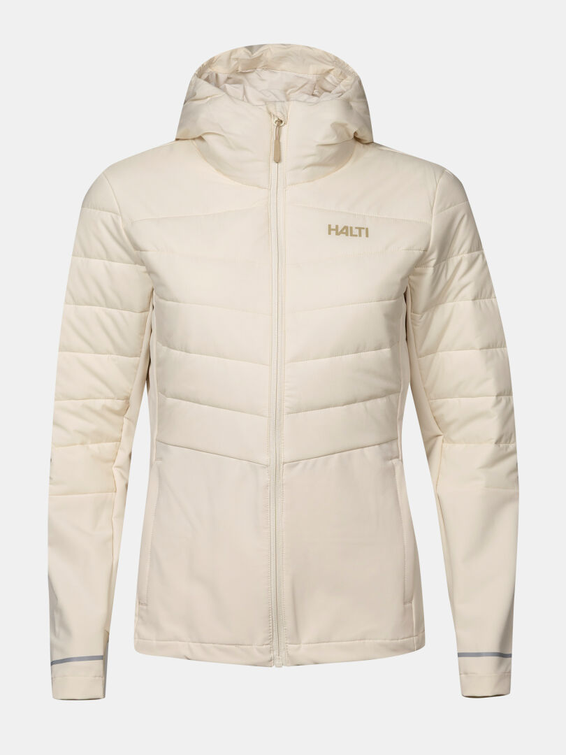 Halti Valimo Hybrid-Isolationsjacke für Damen – beige, gesteppt, mit Kapuze, Reißverschluss vorne, lange Ärmel, Logo auf der linken Brust.