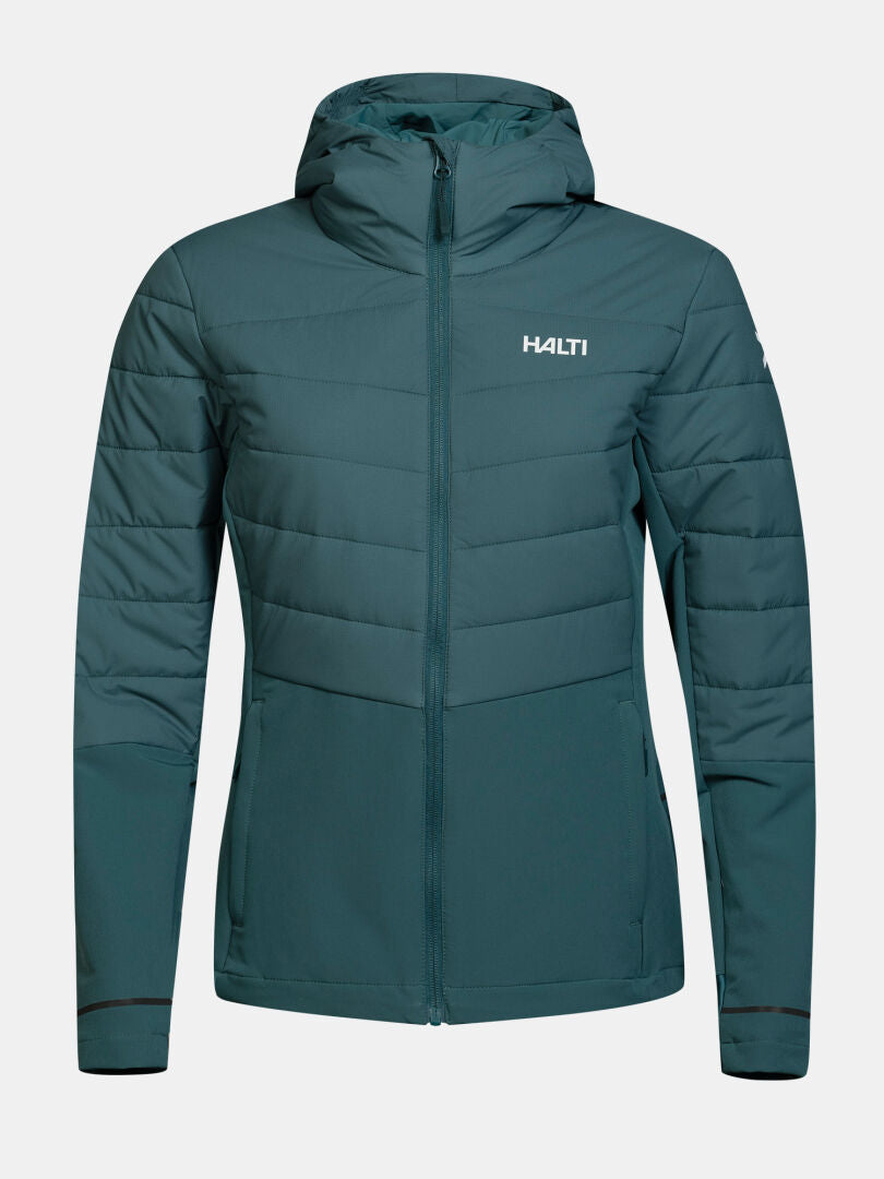 Teal Valimo Hybrid Insulation Jacke Damen von Halti, Daunenjacke mit Kapuze, Frontreißverschluss und Brustlogo auf einfarbigem Hintergrund.