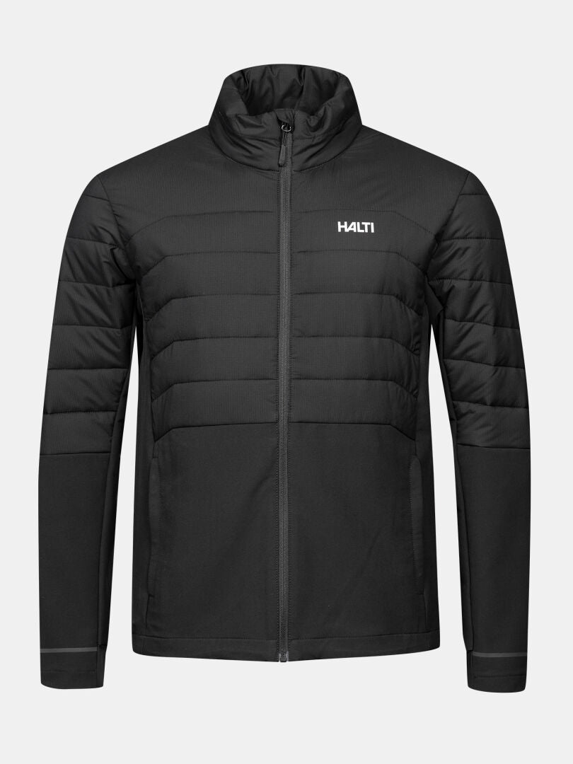 Die „Valimo Hybrid Insulation Jacke Herren“ von Halti in Schwarz, gesteppt, mit Logo auf der Brust und Reißverschluss vorne, auf einfarbigem Hintergrund.